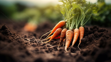 Freshly picked carrots on the soil in a field of a farm. Generative AIの素材