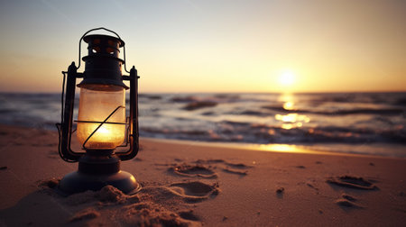 An Old Lantern Basks in the Vibrant Sunset, Creating a Nostalgic Atmosphere on the Beach. Generative AIの素材