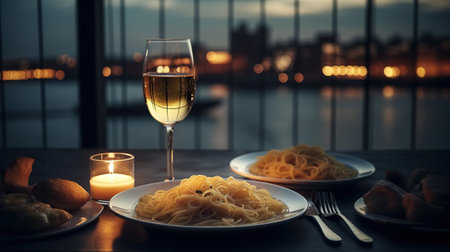 A plate of pasta and wine on a table with a view of the water and a bridge in the background. Generative AIの素材