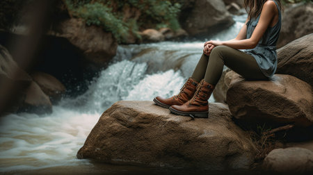 A woman is sitting on a rock next to some water, in the style of macro zoom, Generative AIの素材