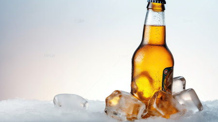 Let the Cascade of Ice Surrounding a Beer Bottle Take You on a Chilled Journey of Flavor. Generative AIの素材