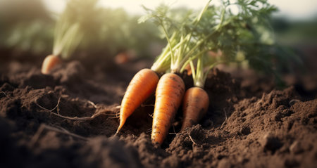Freshly picked carrots on the soil in a field of a farm. Agriculture and vegetables farming concept, Generative AIの素材