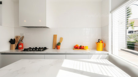 A Close-Up Perspective on the Brightness of a Kitchen Room with White Wall. Generative AIの素材