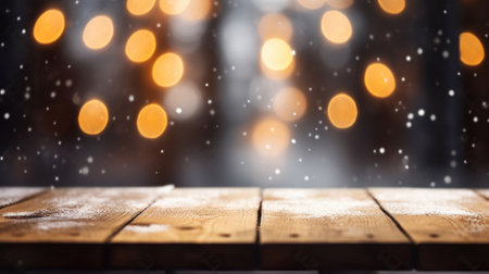 Wood table top with lights bokeh, Empty wooden for montage or display your products covered. Generative AIの素材