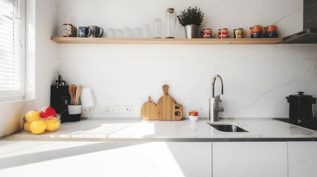 A Close-Up Perspective on the Brightness of a Kitchen Room with White Wall. Generative AIの素材