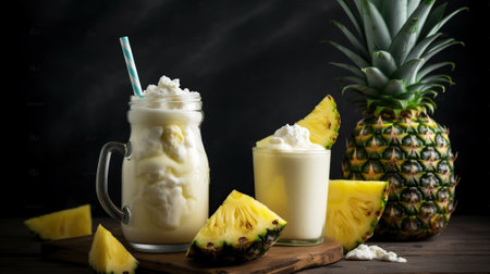 Closeup fresh pineapple milkshake smoothie and fresh pineapples, Generative AIの素材