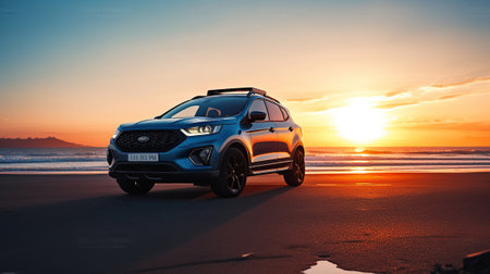 SUV car and modern design on concrete road at the sea of beautiful sunset background , Front view of luxury new SUV car. Generative AIの素材