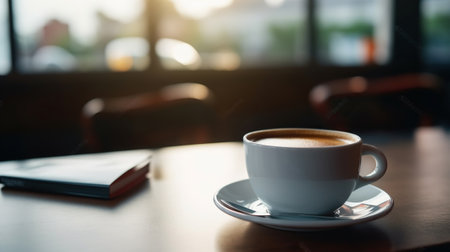 A cup of coffee on a table in a cafe at lunchtime at work. Generative AIの素材