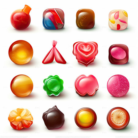 Colorful Set of Hard Candy, Lollipop, Game Asset, Game UI, Chocolate, and Jelly Isolated on White Background. Generative AIの素材