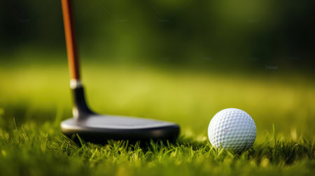 Golf ball and club on a green meadow, Generative AIの素材