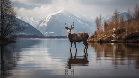 Deer Silhouette and Antler Reflection at Lakeside with Snowy Peaks. Generative AIの素材