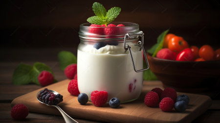A Jar of Creamy Yogurt Delight, Adorned with Fresh Raspberries and Refreshing Mint. Generative AIの素材