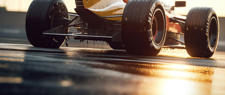 A Spectacle of Racing Excellence Amidst the Setting Sun, Enhanced by Low-Angle Rim Lighting in Captivating Light Yellow and Dark White. Generative AIの素材