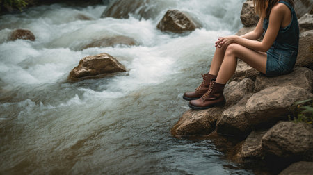 A woman is sitting on a rock next to some water, in the style of macro zoom, Generative AIの素材