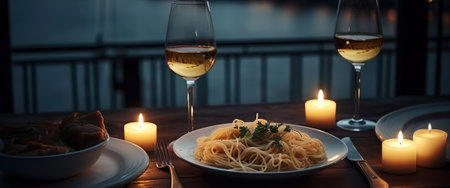 A plate of pasta and wine on a table with a view of the water and a bridge in the background. Generative AIの素材