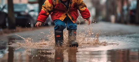 Little Boy's Playtime in the Puddle, Generative AIの素材