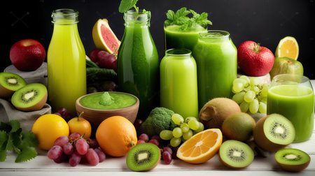 Green fresh vegan ingredients. Healthy food from green fruits and vegetables. Generative AIの素材
