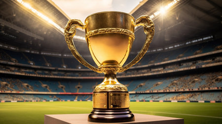 Champion gold cup in football stadium, winner award. Generative AIの素材