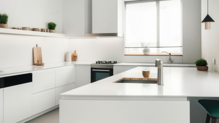 Close view on bright kitchen room interior with white wall. Generative AIの素材
