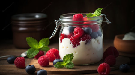 A Jar of Creamy Yogurt Delight, Adorned with Fresh Raspberries and Refreshing Mint. Generative AIの素材