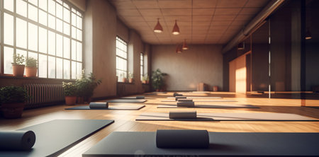 Modern yoga gym interior with unrolled yoga mats equipment , Sports gym exercises , Healthy lifestyle. Generative AIの素材