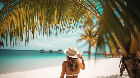A young woman relaxes on the shore of a tropical island under coconut trees. Generative AIの素材