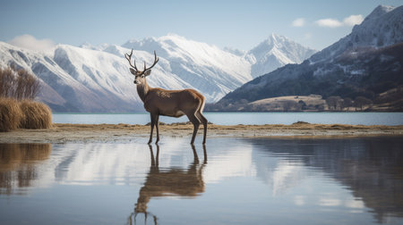 Wildlife Symphony, Deer, Snowy Peaks, and Antler Reflection in Lakeside Harmony. Generative AIの素材