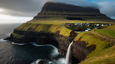 Gasadalur village and Beautiful waterfall, Vagar, Faroe Islands. Generative AIの素材