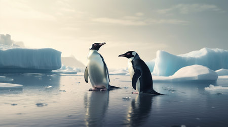 Two penguins stand on melting ice in Arctic Ocean global warming concept, world global planet climate change. Two cute emperor penguins confused by ice melting. Generative AIの素材