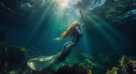 Beautiful mermaid swimming underwater with light shine through water surface. Generative AIの素材