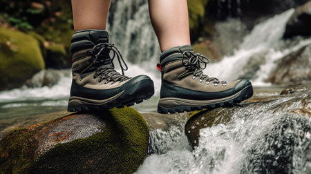A close-up of a hiker's trekking shoes crossing a mountainous area near a waterfall, Generative AIの素材