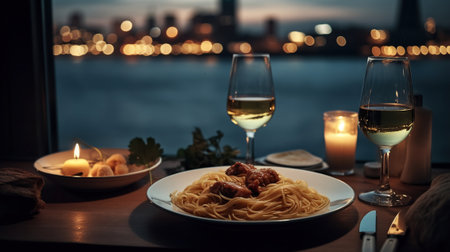 A plate of pasta and wine on a table with a view of the water and a bridge in the background. Generative AIの素材