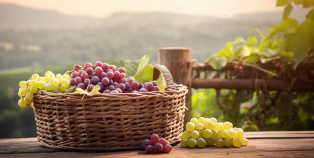 Landscape decoration in the form of a basket with grapes on a wooden table and a plantation at the background. Generative AIの素材