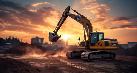 Building the Future, Busy Excavators Transforming the Construction Site in sunset background. Generative AIの素材
