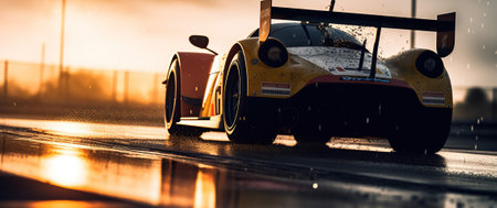 A race car driving along during sunset, rim light, low-angle, light yellow and dark white, Generative AIの素材