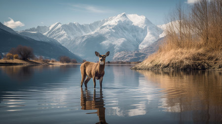 A deer standing in front of a mountain lake with a reflection of it's antlers in the water with snow capped peaks in the background. Generative AIの素材