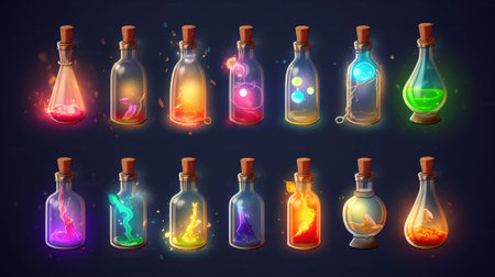 Asset Icon, Magic game bottles. Chemistry potion. Alchemy jar or vial. Poison antidote elixir with cork for laboratory. Luck and love drink. Generative AIの素材