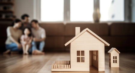 House model of family sitting on home floor, in the style of blurred background. Generative AIの素材