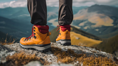 Red, yellow trekking shoes of a hiker crossing a mountainous area at the top of a hill. Generative AIの素材