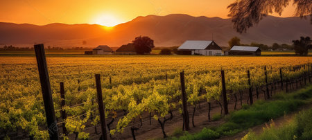 A sunset over a vineyard with a barn in the distance and mountains in the background with a fence and trees in the foreground, Generative AIの素材