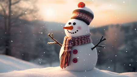 Welcoming the Season, Snowman with Scarf and Hat as Festive Winter or New Year's DÃ©cor, Generative AIの素材