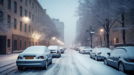 Abnormal record snowfall paralyzed infrastructure of city, cars got stuck in snow. Winter problem of town. Generative AIの素材