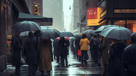 Cold and rainy weather in Town - people hiding under umbrellas. Generative AIの素材