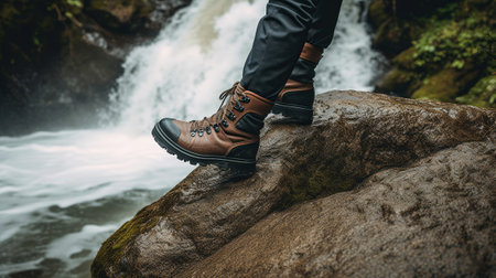 A close-up of a hiker's trekking shoes crossing a mountainous area near a waterfall, Generative AIの素材