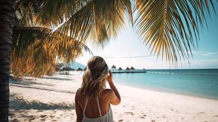 The Beach Beckons, Inviting a Young Woman to Rest and Rejuvenate Amidst the Allure of Tropical Coconut Trees. Generative AIの素材