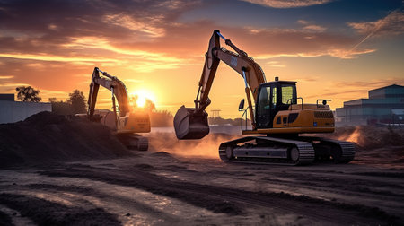 Excavators Hard at Work on the Building Site in sunset background. Generative AIの素材