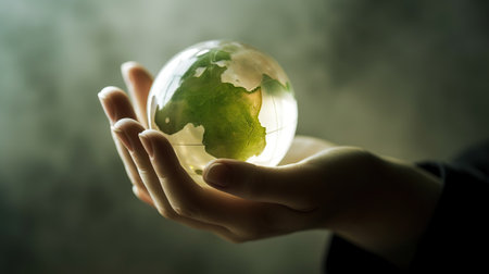 Environment Concept, Hand holding a green earth globe, in the style of light amber, organic modernism, Generative AIの素材