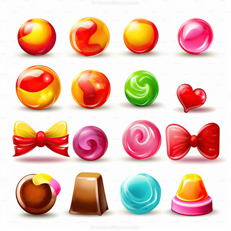 Set of hard candy, lollipop, chocolate and jelly icons. Isolated elements on white background. Perfect for match three game or other gaming design. Generative AIの素材