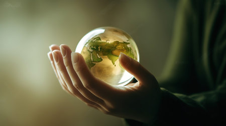 Hand holding a green earth globe, in the style of light amber, organic modernism, Generative AIの素材