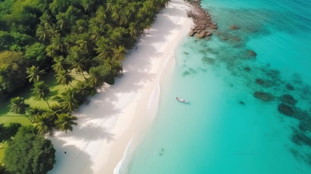 Discovering the Idyllic Paradise Beach on a Tropical Island with Palm Trees, White Sand, and Crystal Clear Waters. Generative AIの素材